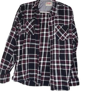 Wrangler Large Men’s Flannel Button Down Flannel Shirt black, white and red